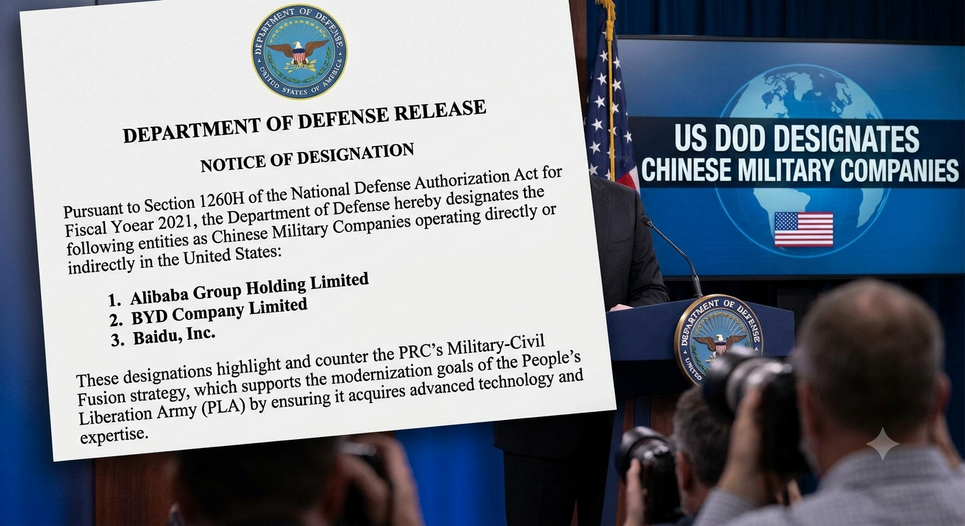 US Designates Alibaba, BYD and Baidu as Chinese Military Companies
