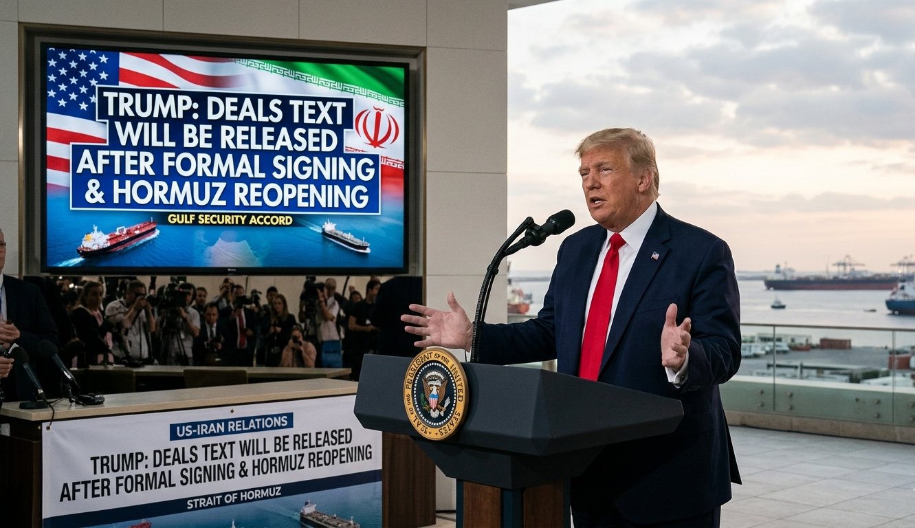 Donald Trump Says US-Iran Deal Text Will Be Released After Formal Signing and Hormuz Reopening